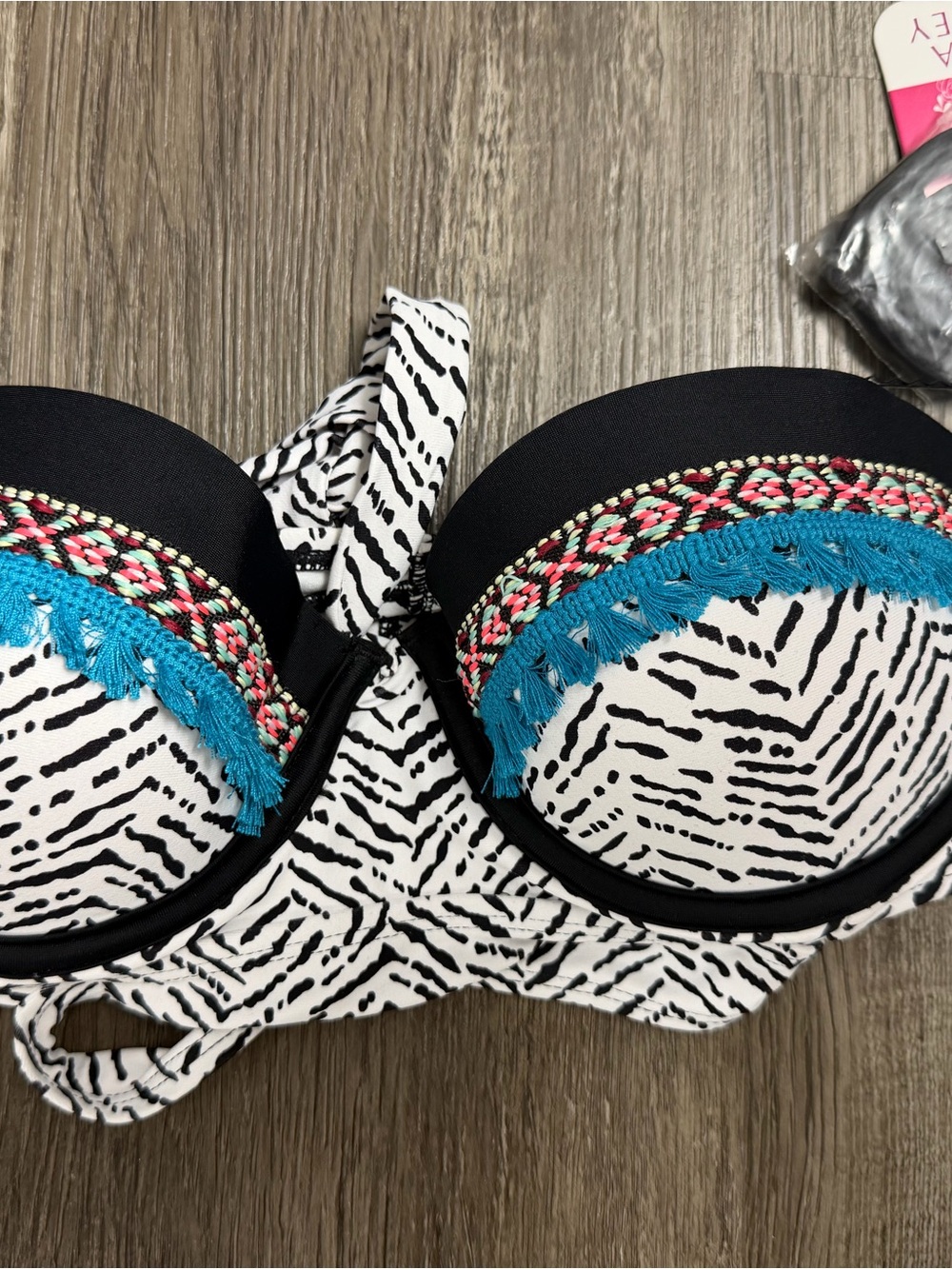 Hula Honey Black White Zebra Bikini Top with Turquoise and Pink Trim